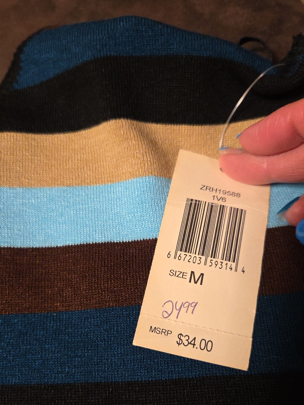 JUNIORS Striped V-Neck Knit Tank in Light Blue, Teal, Brown & Tan - Picture 3 of 7